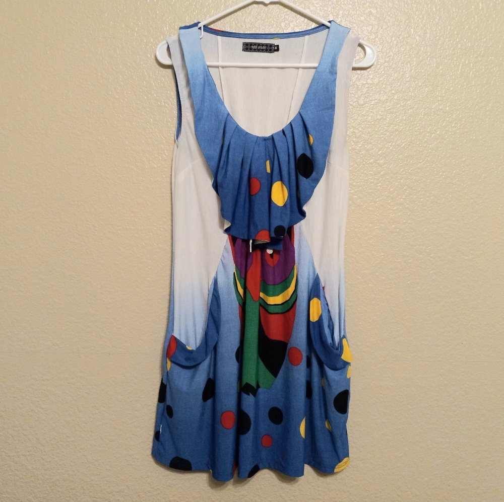 Ice Silk Blue White Slinky Owl Print Dress Pockets